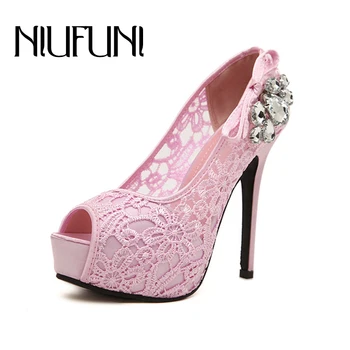 

NIUFUNI Peep Toe Ladies Pumps Women Super High Heels Shoes Sweet Sexy Party Shoes Wedding Lady Lace 4cm Platform Thin Heel