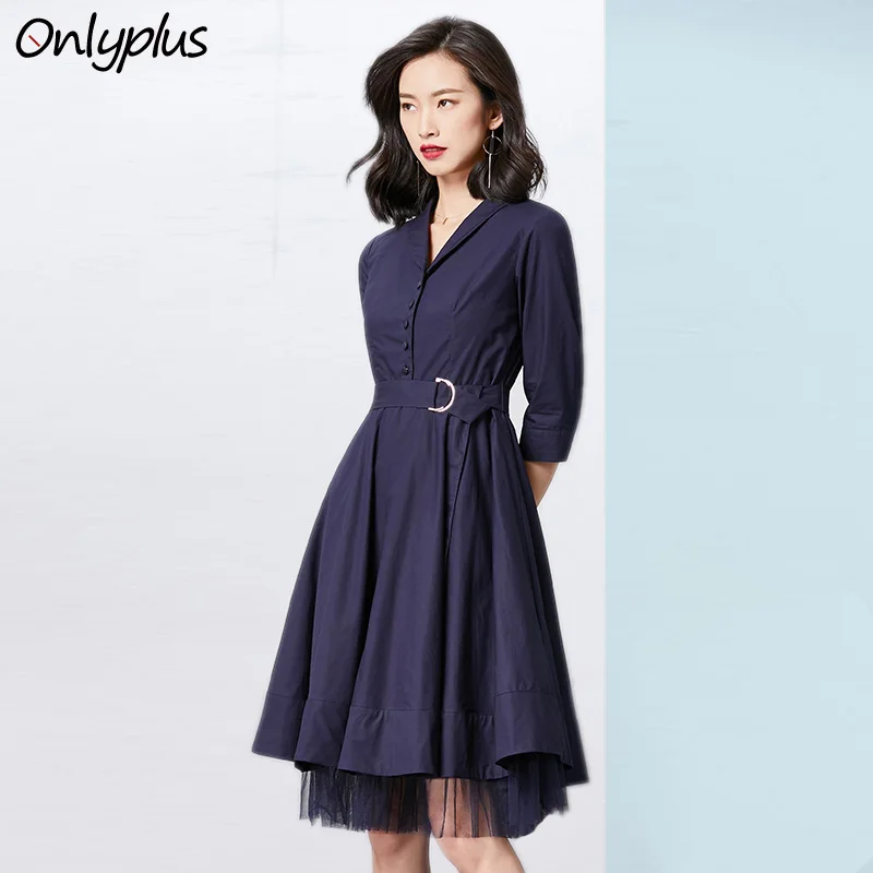 Onlyplus OL Office Women Dress Autumn Lace Hem Two layers Business Deep Blue Cotton Dress Slim