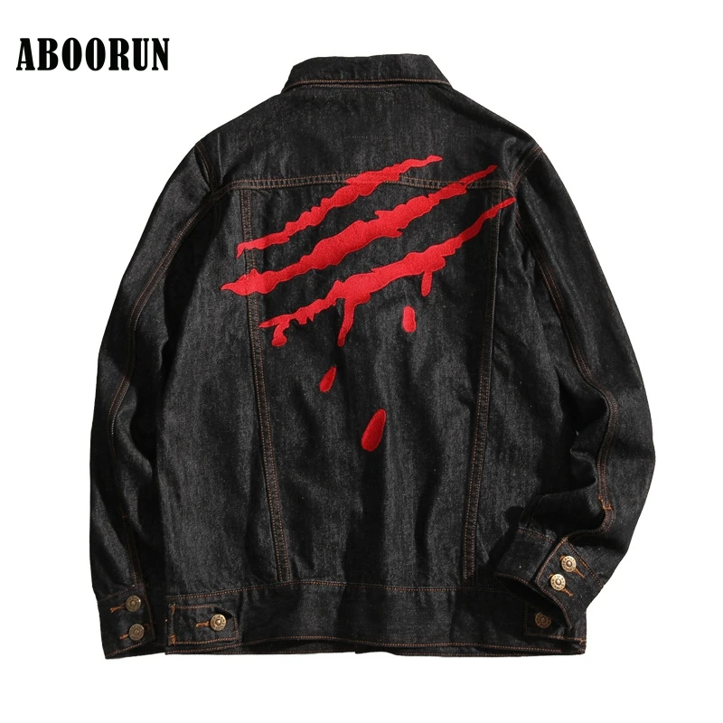 

ABOORUN 2018 New Big Size 5XL Mens Denim Jackets Hip Hop Scratches Embroidery Jeans Coat Black Cotton Jackets for Male YC1099