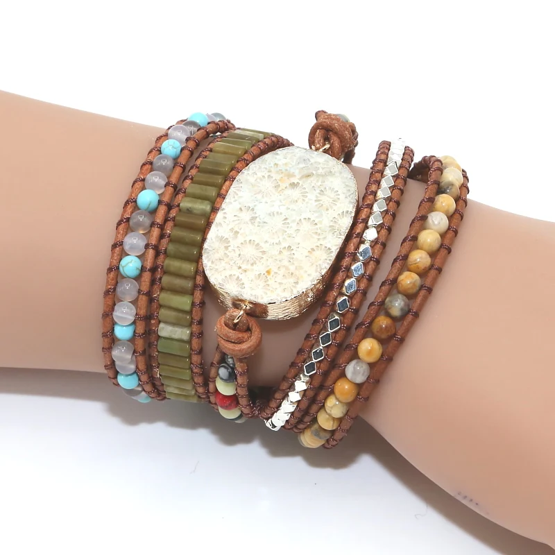 Подарочные ювелирные изделия винтажные кожаные браслеты, натуральные камни Хризантема камни Шарм 5 браслет из переплетенных нитей Boho браслеты