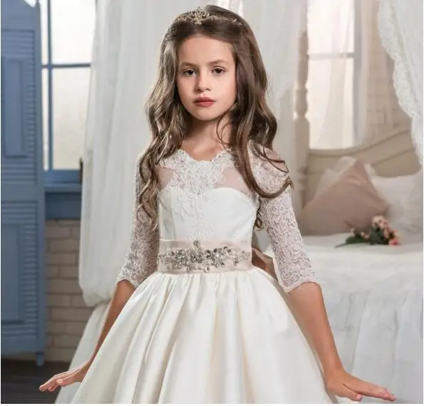 New-Ivory-White-Flower-Girls-Dresses-Lace-Beaded-Sash-Ball-Gown-Satin-Girls-First-Communion-Dress (2)
