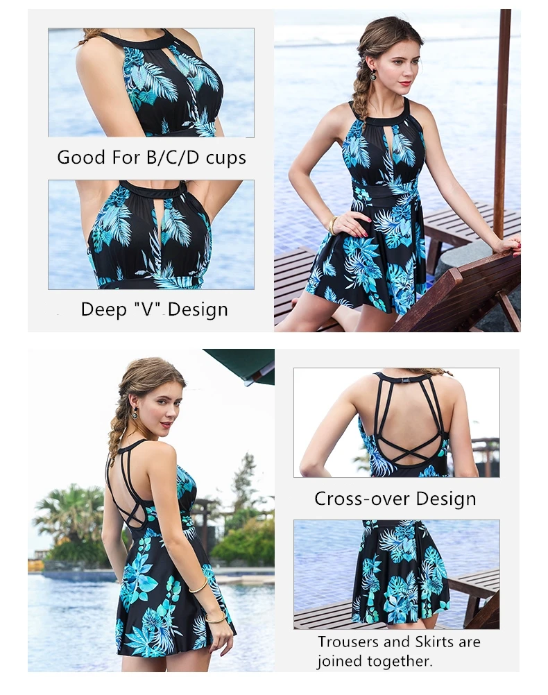 Flower One Piece Big Swimsuit Dress Straight Skirt High Waist Swimwear Women Monokini Set M Neckline Backless Bathing Bodysuits