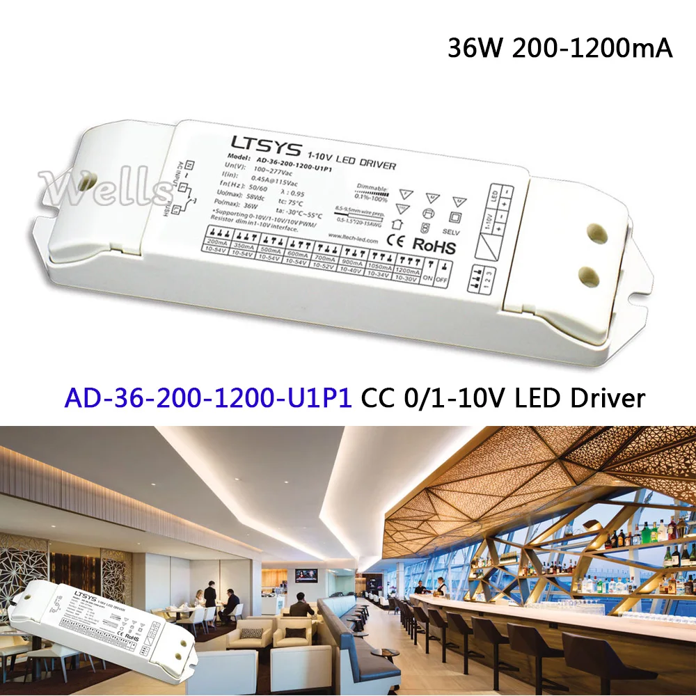 

CC 0/1-10V LED Driver;AD-36-200-1200-U1P1;AC100-277V input; 10-54VDC 36W 200-1200mA output 0/1-10V led dimming driver
