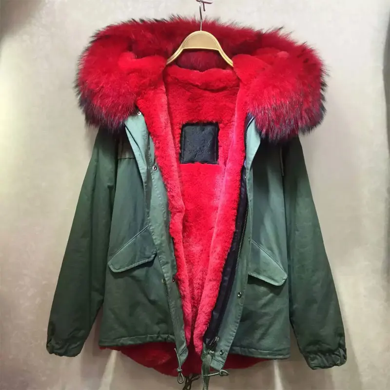 

Bright Red Short Army Green huge raccoon fur collar,thicker red fur lining winter warm wear faux fur parka
