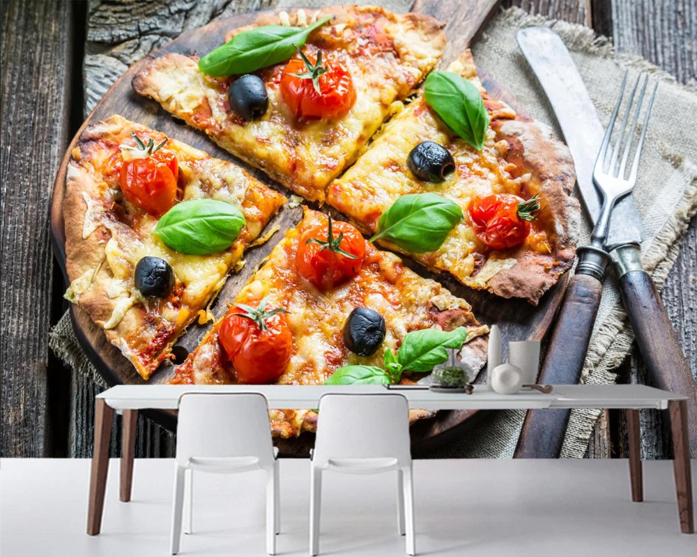 

Papel de parede Fast food Pizza Vegetables Fork Wood planks Food wallpaper,fast food shop restaurant dining room kitchen murals