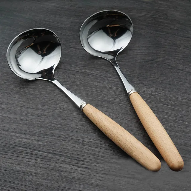 Korean Style Wooden Handle Big Round Spoon Stainless Steel Soup Spoon