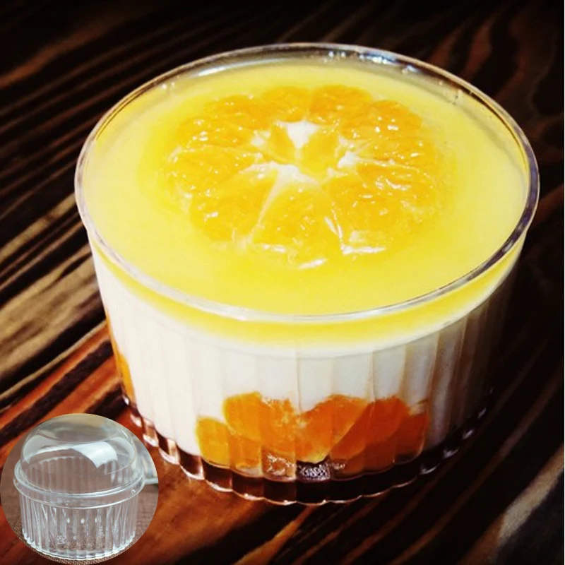 

50pcs Round Food Plastic Cup Stripe Transparent Disposable Dessert Cup Jelly Pudding Mousse Tiramisu Cups Container Cake Tray