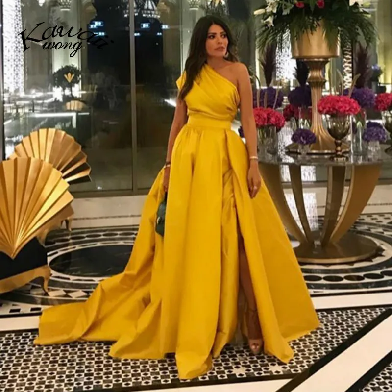 

Yellow Women Elegant Long Princess Evening Dresses One Shoulder Formal Lace Prom Dress Party Evening Dresses Plus Size KW0010