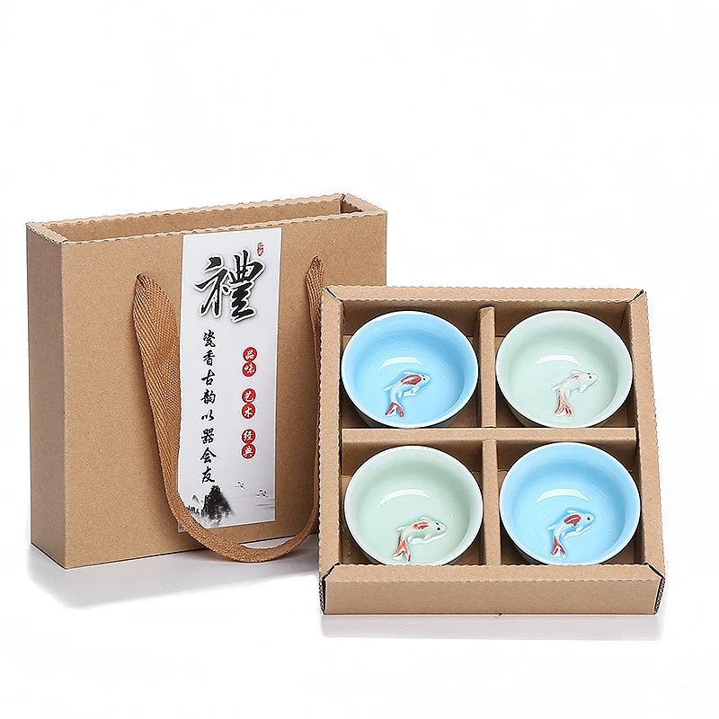 

Exquisite 4pcs Ceramic 3D gold fish Cup,China tea cup set,Travel Tea Bowl Kung Fu Tea Set Chinese Teacup Sets Drinkware Gift