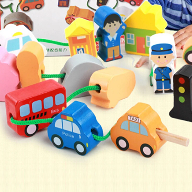 

Wooden Toys Cartoon Animals Animal Fram Car Block Stringing Threading Beads Game Education Toy for Baby Boy Girl Kids Gift