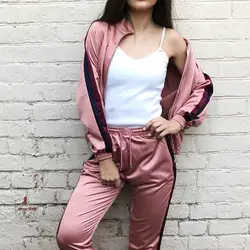 2018 осень Для женщин 2 комплекты из двух предметов Повседневное набор розовый костюмы в полоску короткая куртка + эластичные штаны ноги щели
