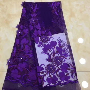 

Free shipping (5yards/pc) beautiful purple African French net lace fabric with 3D flowers and stones for party dress FZZ137
