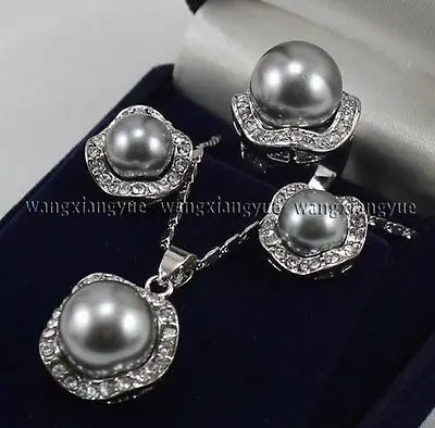 

Silver Gray Shell Pearl Earrings / Ring / Necklace Pendant Set AAA style Fine Noble real Natural free shipping