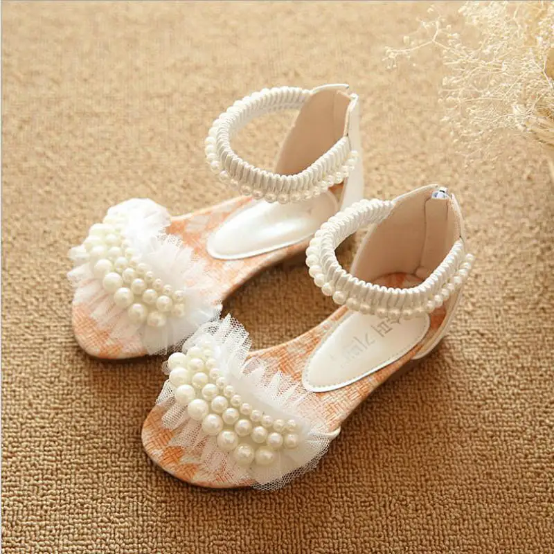 

Summer Model Children Sandals Girls Princess Beautiful Beading Shoes Kids Flat Sandals Baby Girls Roman Shoes white Pink purple