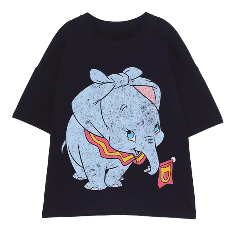 

Dumbo Women's Shirt Printed Tee Shirt Animal Kawaii T Shirt Funny Short Sleeve T Shirts Women Pure Black Tops Female ZR