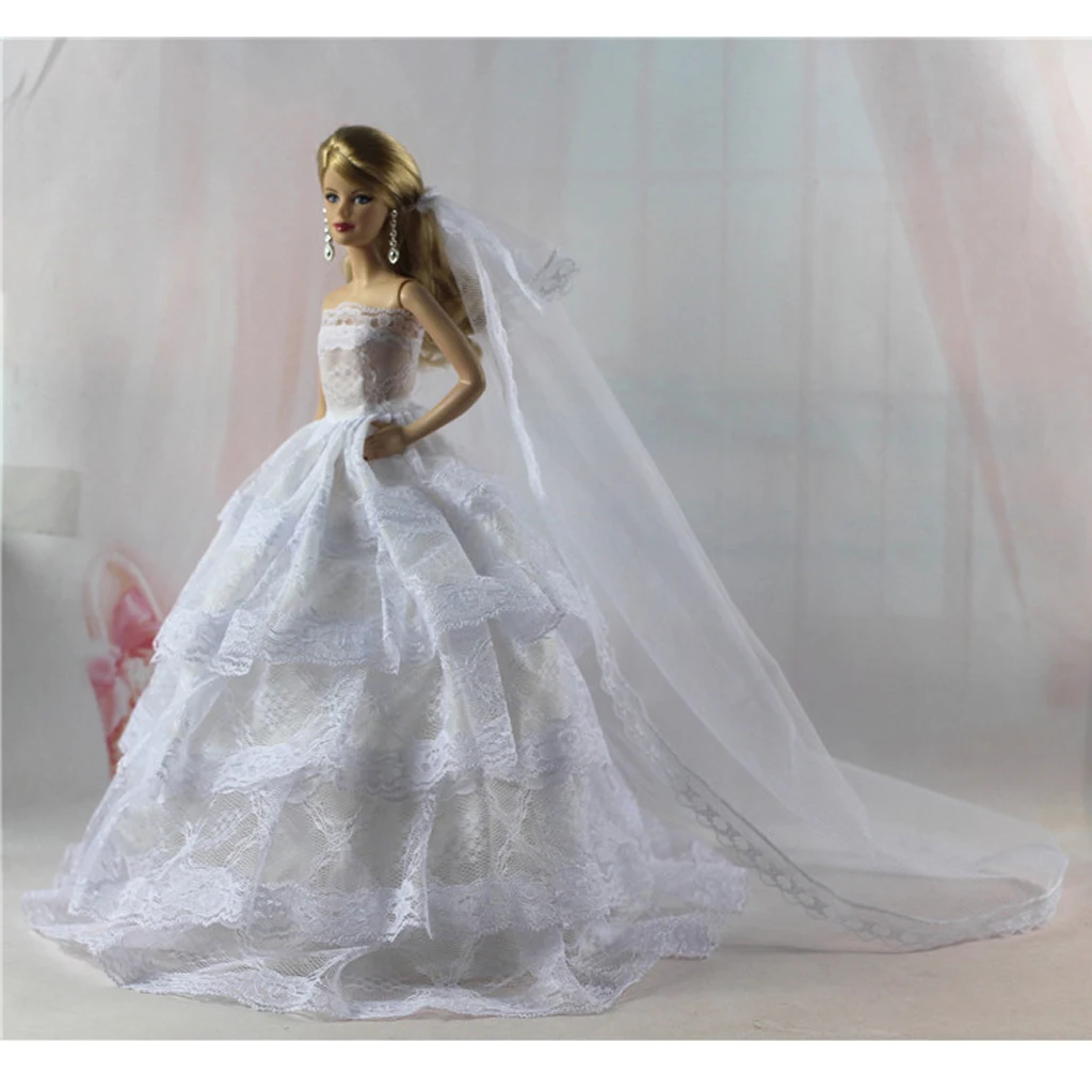  Stunning Garment Set White Tube Top Dress Wedding Gown w. Veil & Black Tux Business Suit For   Doll Accs