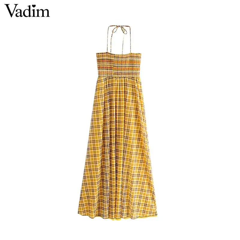 

Vadim women stylish halter plaid print maxi dress back bow tie mesh sleeveless female sexy A line long dress vestidos QB780