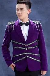 Фиолетовые Мужские костюмы конструкций бархат badg Сценические костюмы для певцов мужчин Блейзер Танцы одежда куртка в Звездном стиле