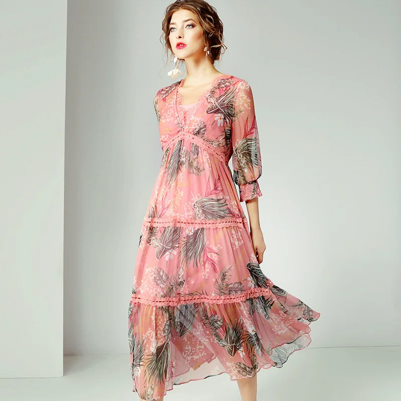 

2019 Summer Women's bohemian V-neck Three Quarter Real Silk Printing Lace Patchwork Dress Female Elegant Luxury Clothing R10832