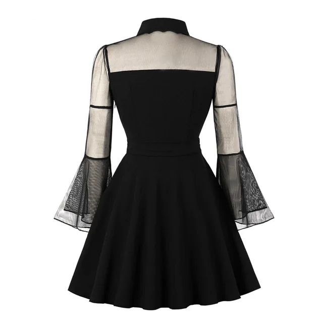 Birthday Dress Women Elegant Black Mesh Patchwork Flare Sleeve Vintage 1920s Mom Cocktail Party Plus Size Pleated Skater Dress