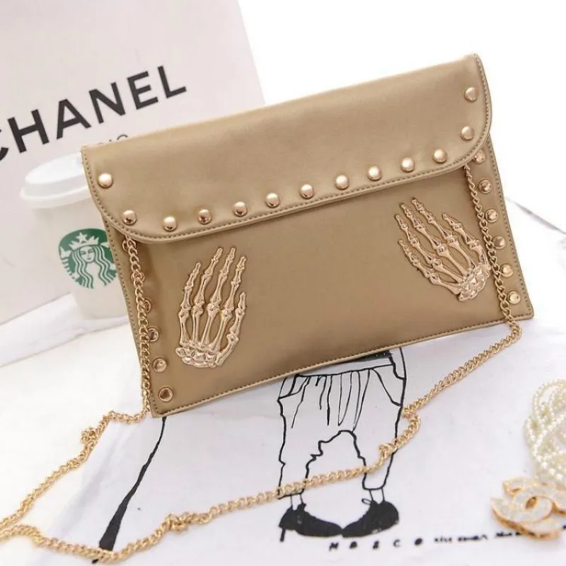 

New Women's Bag PU Bag Personality Skull Clutch Bag Casual Rivet Chain Envelope Shoulder Bag Purses and Handbags