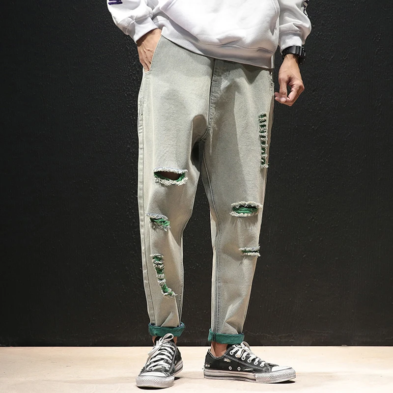 Весна Осень Новые потертые Мужские джинсы брюки Slim Fit дизайн Рваные дыры уличная джоггер джинсы для мужчин