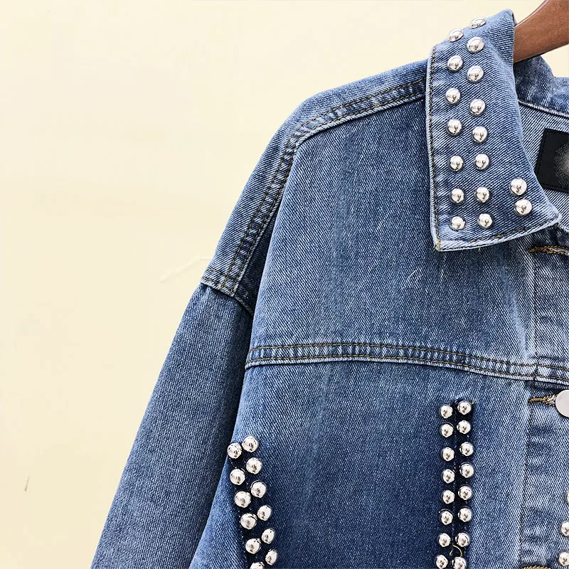 2018 Court Nouveau Rivet Bf Femelle Automne Clouté De Top Femmes Outwear Harajuku Blue Casual Veste Denim Manteaux Lâche Étudiants OOqdr