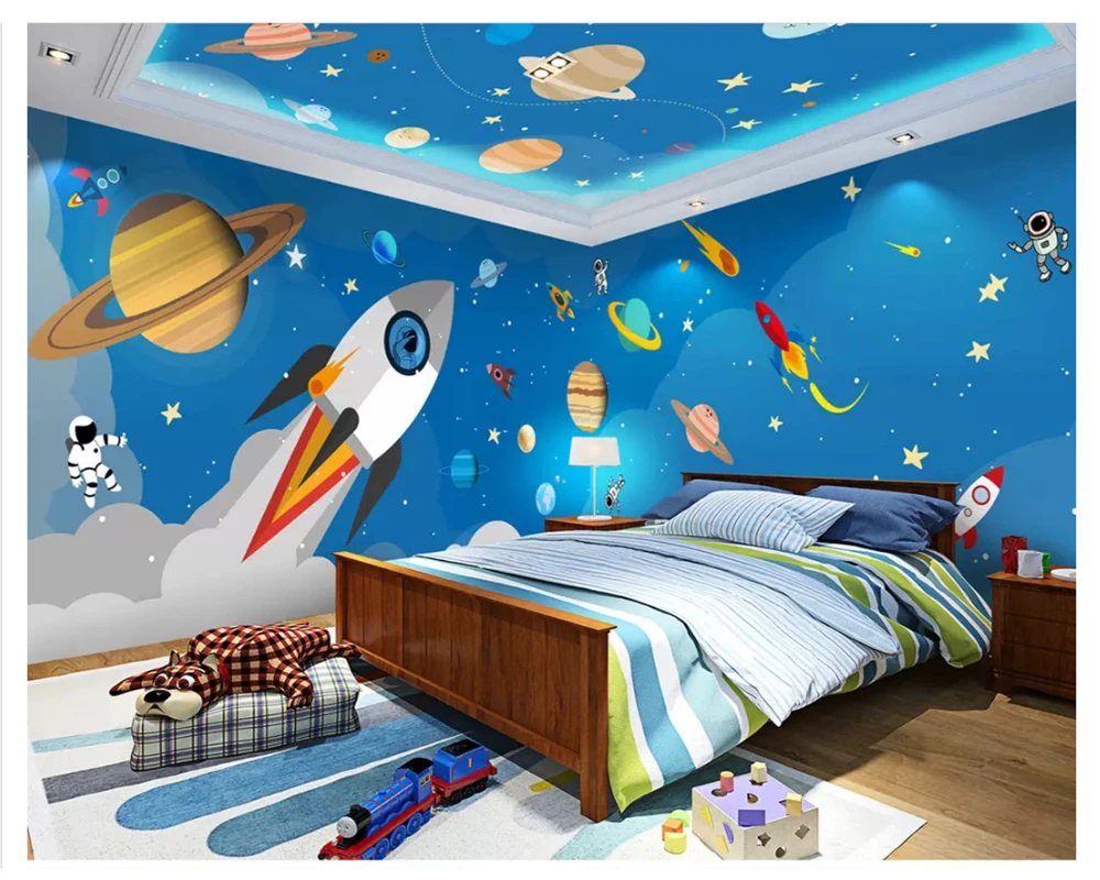 beibehang Children's decorative painting wall paper rocket hand-painted blue starry theme space full house background wallpaper 10 pcs full moon postcard congratulations cards invitation decorative paper greeting blessing