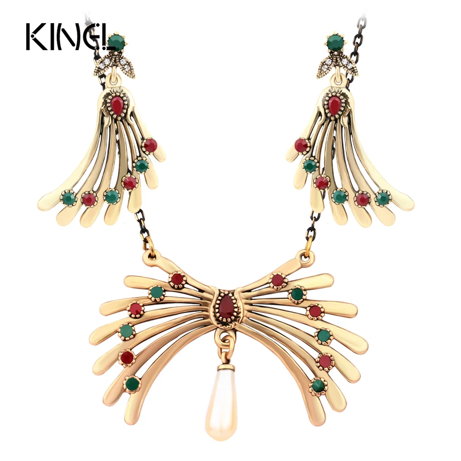 

Hot Sale Angel Wings Vintage Jewelry Sets Mosaic Colorful Resin Statement Necklace Feather Earrings Set Love Gift