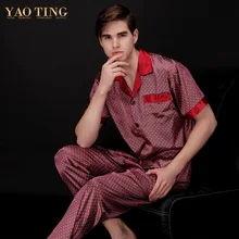 Мужская Шелковая пижама с короткими рукавами и длинными штанами, Повседневная Свободная Домашняя одежда с отложным воротником и эластичной резинкой на талии