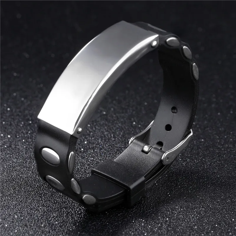 

Punk Jewelry Black Silicone Bangles Adjustable Bangle Bracelets with Charms Titanium Steel Bracelet for Men Women 2018 Pulseiras