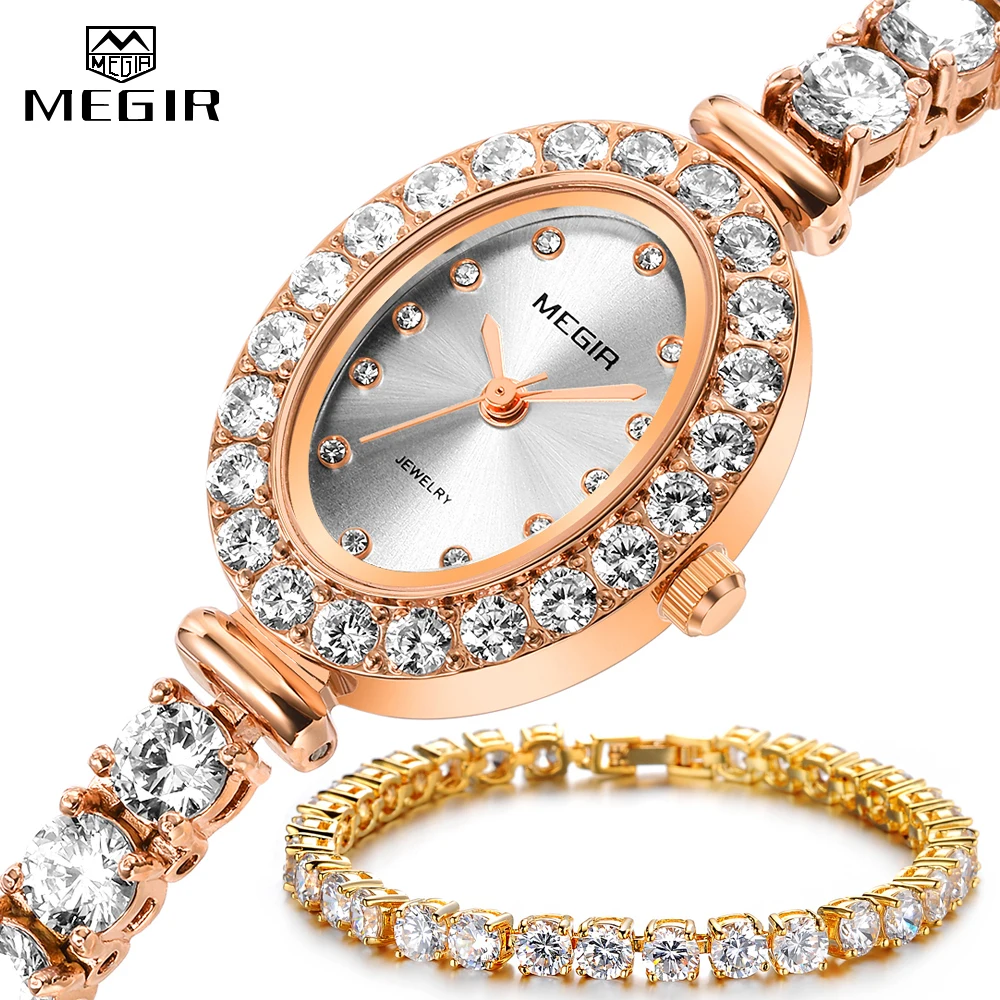 MEGIR роскошные женские часы-браслет из розового золота, модные ювелирные изделия, AAA кубический цирконий, Теннисный кристалл, кварцевые наручные часы для женщин