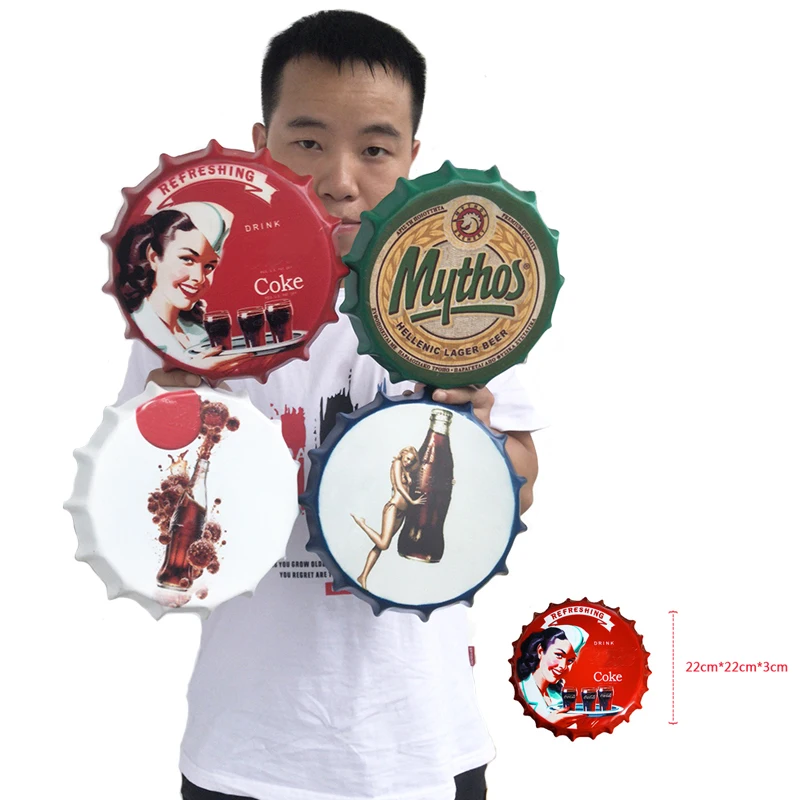 

22*22*3CM Home Wall Decorations Retro Tin Metal Beer Bottle Caps Sign Poster Plaque Bar Pub Club Wall Decor