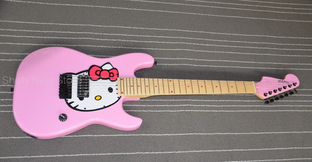 

Shelly new store factory custom 7 strings pink hello kitty cat reverse headstock 1V red dot inlay black tuner ST electric guitar