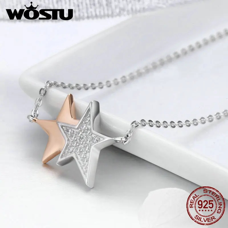 

WOSTU Hot Sale 925 Sterling Silver & Rose Gold Shining Stars Pendant Choker Necklace For Women Fashion Jewelry Gift BKN270