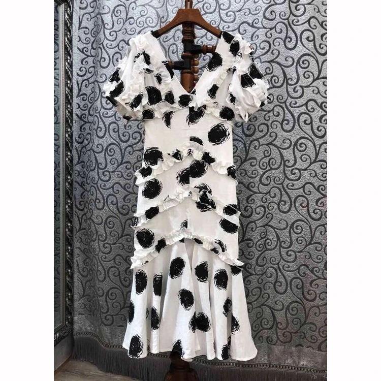 

European Style Polka Pot Ruffles V-neck Dress Women's Summer Short Sleeve 2019 Sexy Slim Bodycon Dress