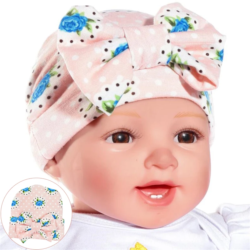 Newborn Baby Hat Rose Flower Printed Girls Hats Soft Bowknot Beanies