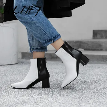 

RLINF Leather Pointed High Heel Zipper Simple Color Matching Thick and Elegant Pleated Wild Casual Short Boots