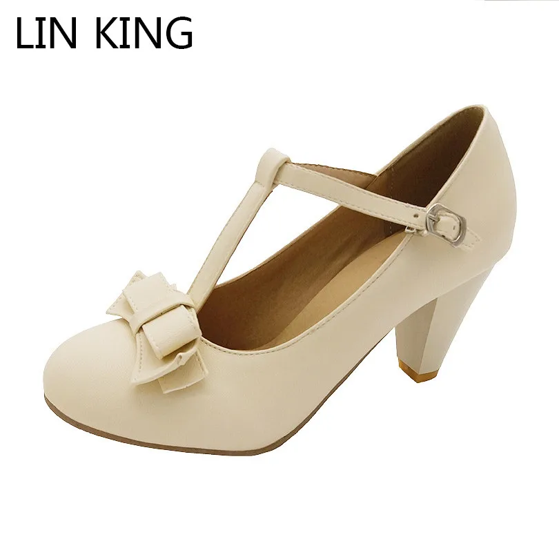 

LIN KING New Spring Autumn Women Pumps Pointed Toe T-Strap Buckle Bowtie Sweet Lolita Shoes Thick Square Heel Plus Size Shoes