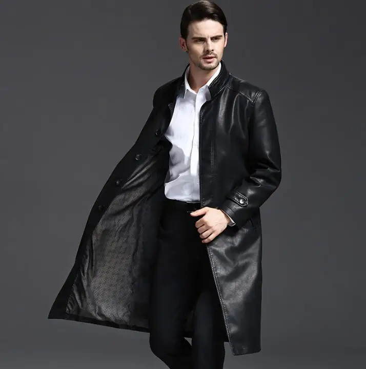 Stand collar 2018 autumn long leather coats men casual