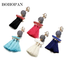 Bohemia Earrings Women Simple Stripe Ball Design Long Tassel Earrings Female Fashion Jewelry Pearl Drop Earrings brincos 2018 gray black long stripe cloth drop earrings