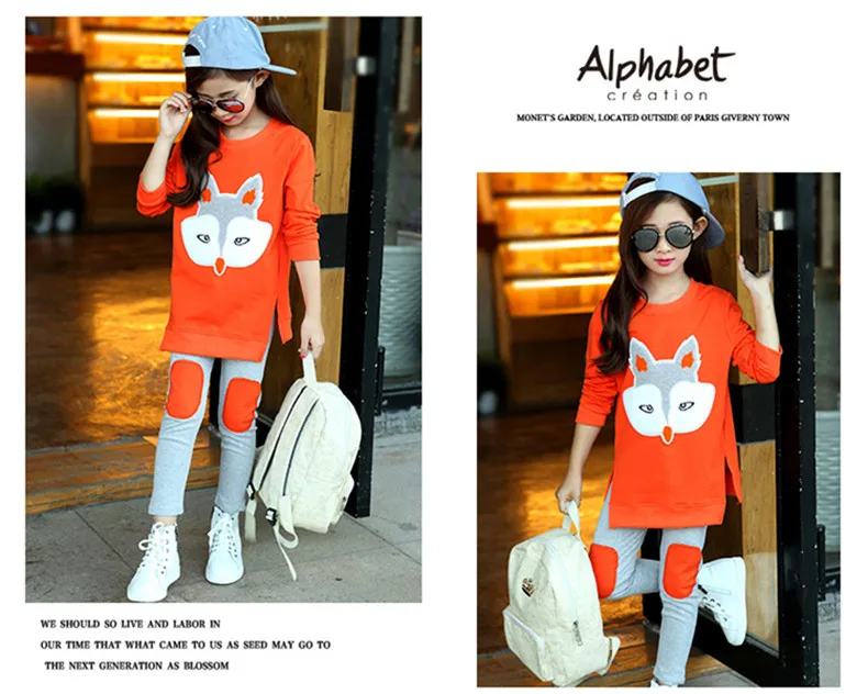 3-12 y girl set long sleeve clothes sets cartoon fox casual girls outfits children fashion clothes sweatshirt + legging (12)
