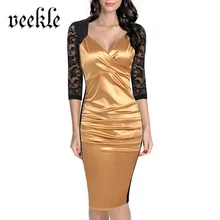 VEEKLE Summer Office Elegant Satin Dress Bridesmaid Ruffles Lace Sleeve And Back Bodycon Gold Red Purple See Through Hollow Out
