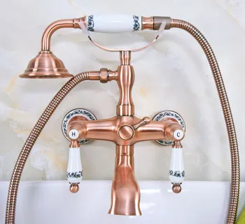 

Antique Red Copper Brass Dual Ceramic Handles Wall Mounted ClawFoot Bath Tub Faucet Mixer Tap With Hand Shower Spray mna330