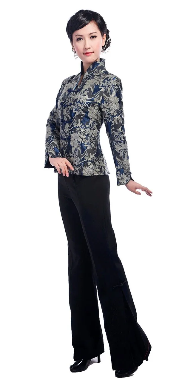 Горячая Распродажа синяя китайская женская атласная куртка женское осенне-зимнее пальто Элегантный принт пальто Размер S M L XL XXL XXXL