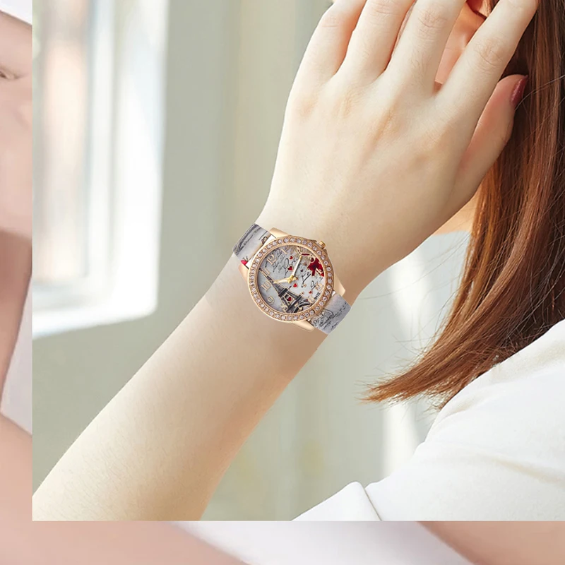 Креативное моделирование Парижская башня Роза для женщин часы Досуг Роскошные Алмаз кожаный ремешок кварцевые наручные часы Relogio Feminino часы