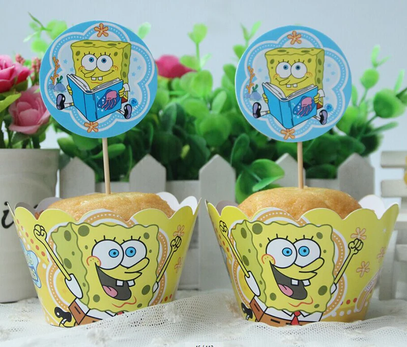 

24pc/set SpongeBob Paper Cupcake Wrappers and Toppers Baby Shower Decorations for Kids Birthday Party Cakecup Picks Toppers