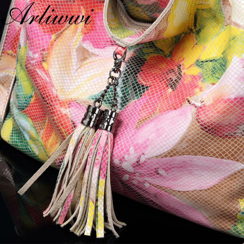 Arliwwi Brand Female Real Leather Shiny Flower Summer Women Tote Handbags New Lily Floral Lady Embossed Genuine Leather Bags
