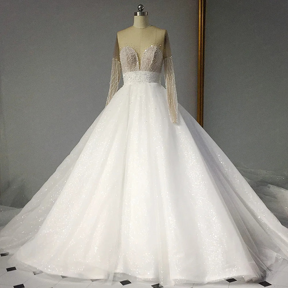 RSW1427 Luxury Bling Bling Bridal Dresses 2018 Long Bow-Knot Ribbon Long Sleeves Illusion Back Glitter Wedding Dress (3)