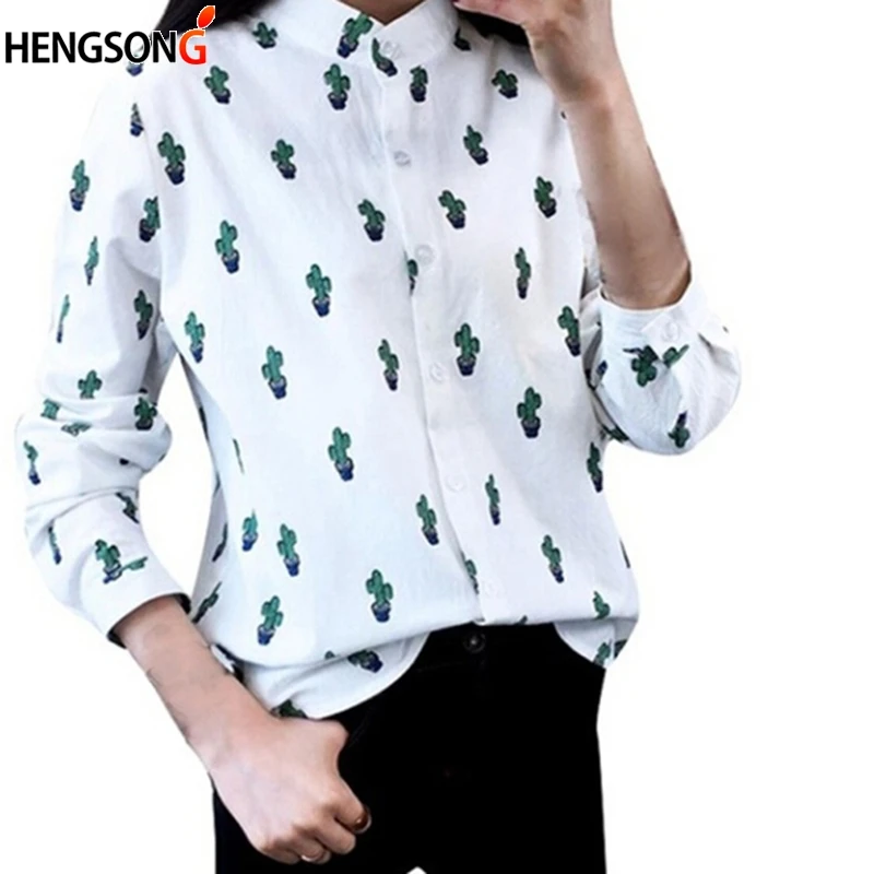 

Autumn Casual Blouse High Street Cactus Print Pattern Blouse Fashion Stand Collar Long Sleeve Shirt Tops Blusas Feminino Button